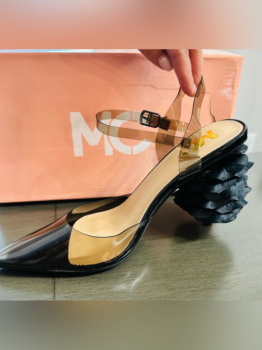 Clear PVC Pointed Toe Slingback Pumps in Black with Flower Petal Heel